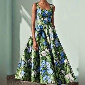 Maxi Linen Stained Glass Floral Pattern Elegant Dress #102